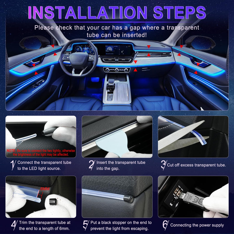LivTee Smart LED Car Lights Interior with USB Port, LED Strip Fiber Optic Ambient Lighting Car, Wireless App Control, Sync to Music, Car Decorations Interior Accessories Gifts for Women Men, 6 in 1 Fiber Optic Lights(1-to-6)