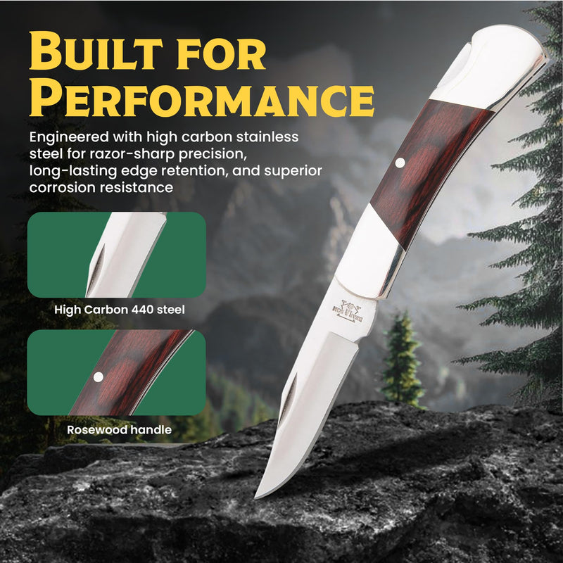 Bear & Son Small Folding Pocket Knife – 2.25" Clip Point Blade 440 Stainless Steel | EDC Knife with Rosewood Handle & Nickel Silver Bolsters | Manual Lockback for Everyday Carry, Camping & Outdoor Use
