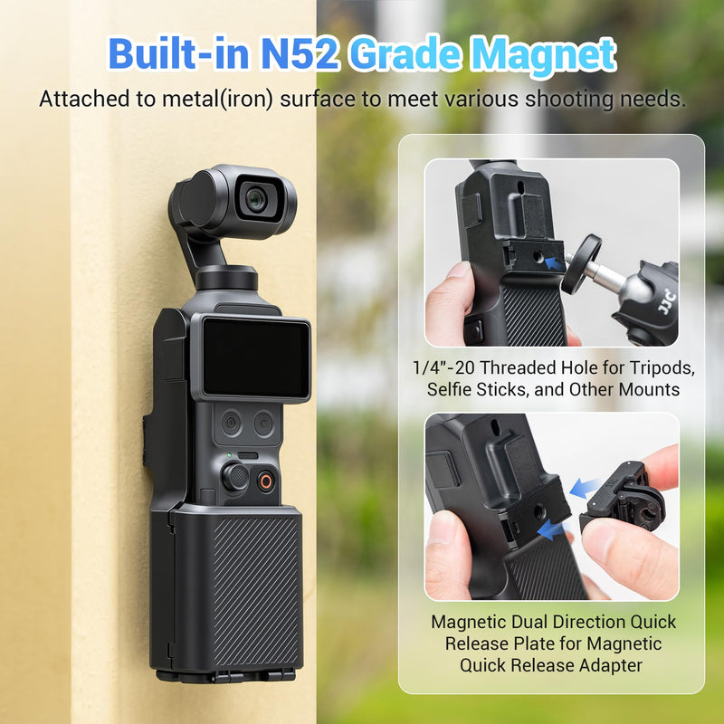 JJC All-in-1 Pocket 4 Case for DJI Osmo Pocket 3 / Xtra Muse,Compact Black | Protective Case Handle Table Mount Magnetic Mount,w. Quick Release Plate & 1/4"-20 Hole for Selfie Vlog Recording