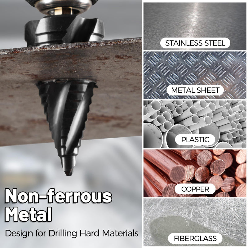 Cobalt M35 Step Drill Bit, TiAlN Coating 4 Spiral Flute Step Bit for Metal, Stainless Steel, Aluminum, Plastic, Large Step Drill 1-1/8" M35 1/4 - 1-1/8