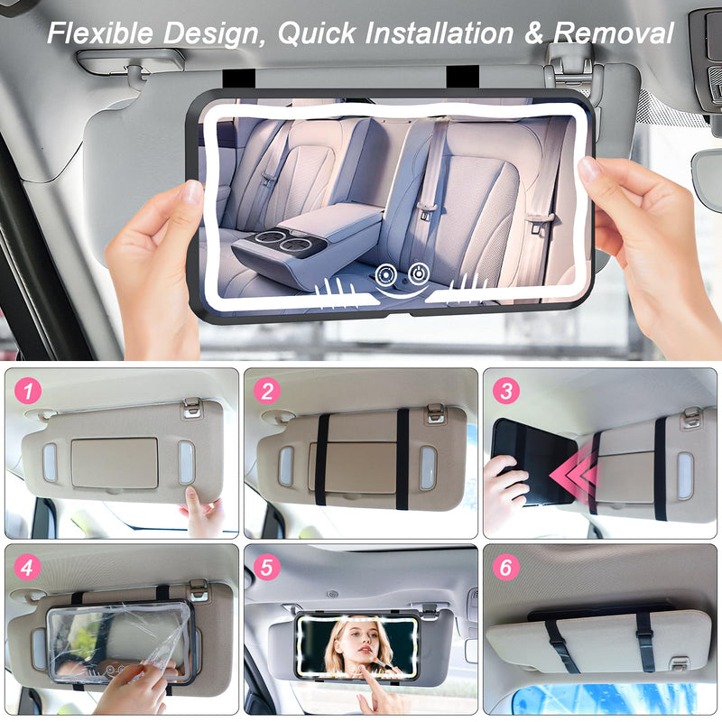Car Sun Visor Vanity Mirror, Rechargeable Car Mirror with 78 LEDs, Dimmable Touch Control, 3 Light Modes, Universal Fit for Cars & Trucks–Ideal Accessories for Women & Girls (Black) Black