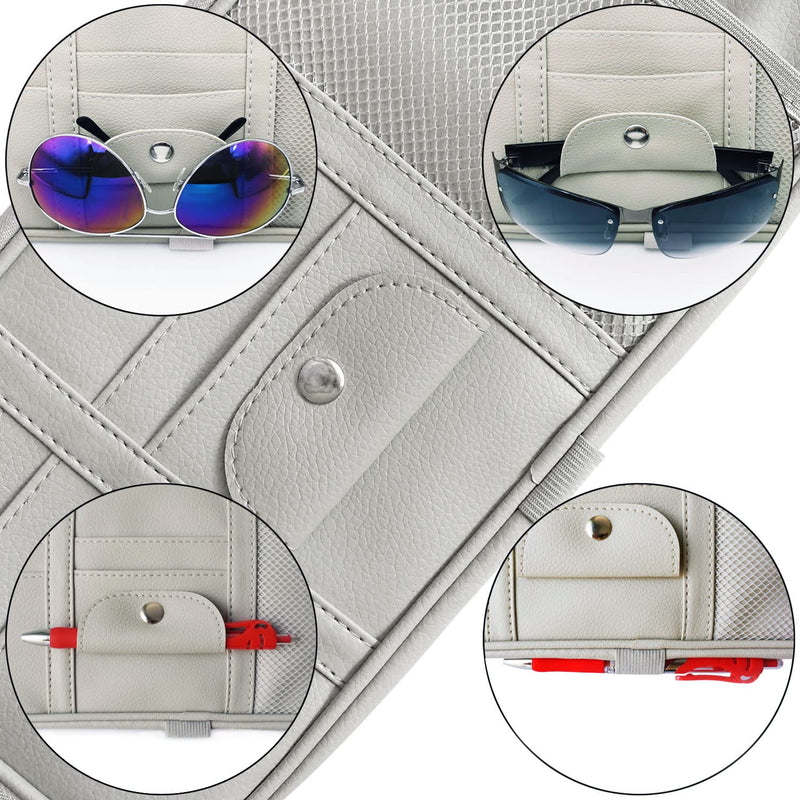 Da by Car Sun Visor Organizer, Multi-Pocket Visor Organizer Storage Pouch for Cars, SUVs & Trucks with Double Zippers, Elastic Bands & Glasses Clip - Organizes Essentials Keep Tidy (Cream Grey) Cream Grey