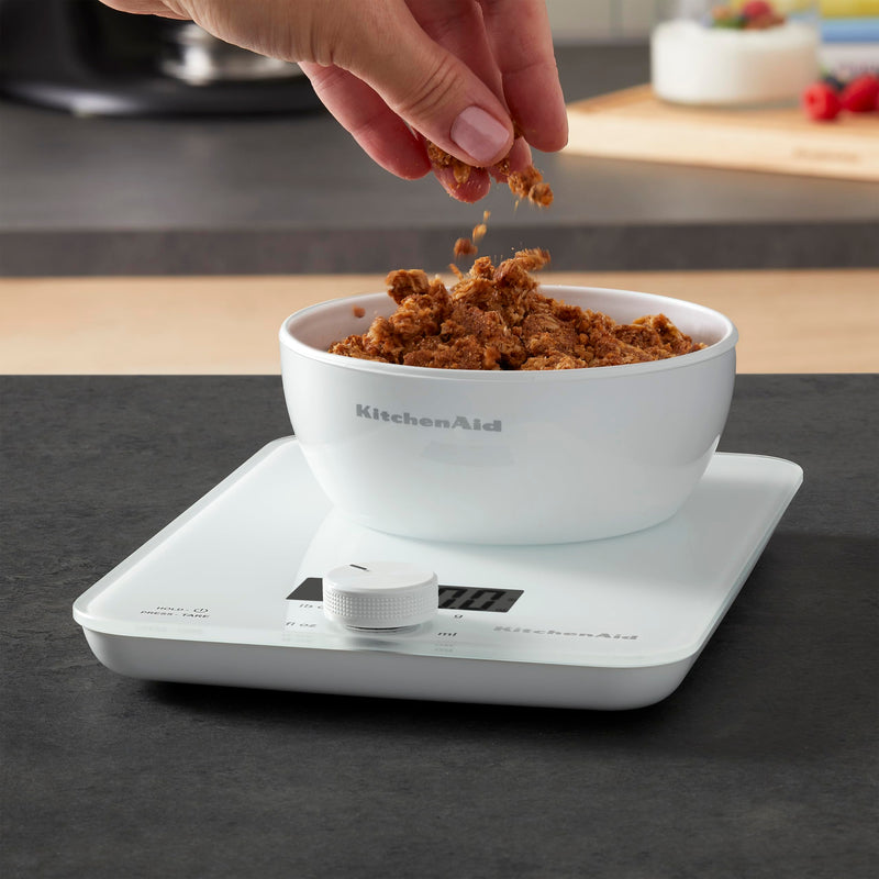 KitchenAid KQ914WH Glass Surface 11 Pound Capacity Digital Kitchen and Food Scale, Scale for Food Ounces and Grams, Dry and Liquid Ingredients, White