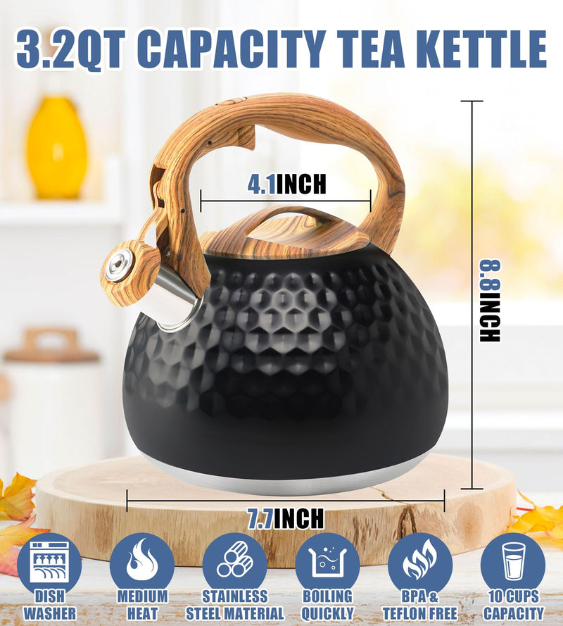 Tea Kettle Stovetop, 3.2 Qt Stainless Steel Whistling Kettle for Stove Top, Food Grade Teapot with Wood Pattern Handle for Coffee, Milk etc, Gas Electric Applicable (Black) Black