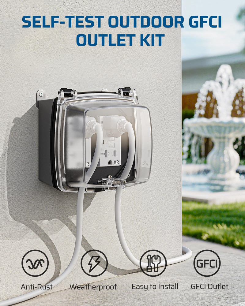 DEWENWILS 20A Outdoor Outlet, Heavy Duty GFCI Outlet Kit with Self Test, WR/TR, NEMA 5-20R Outdoor Electrical Box for Garden, Yard, Sports Field, White Dual 20A
