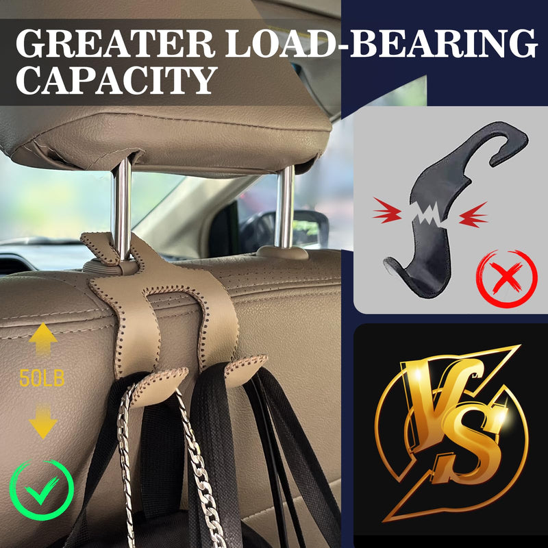 Upgraded Headrest Hooks for Car, 2 in 1 Back Seat Purse Holder Hook Genuine Leather Head Rest Hangers Vehicle Organizer Accessories for Hanging Grocery Bags, 1 Pack, Beige Style B - Beige 1 Pack