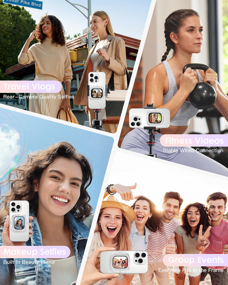 Yatao Mini Selfie Monitor Screen for iPhone, Plug & Play with Mirror | Magnetic Back Camera Monitor for TikTok & YouTube, Snap Selfie Vlog Photo & Video Kit, Battery-Free, White