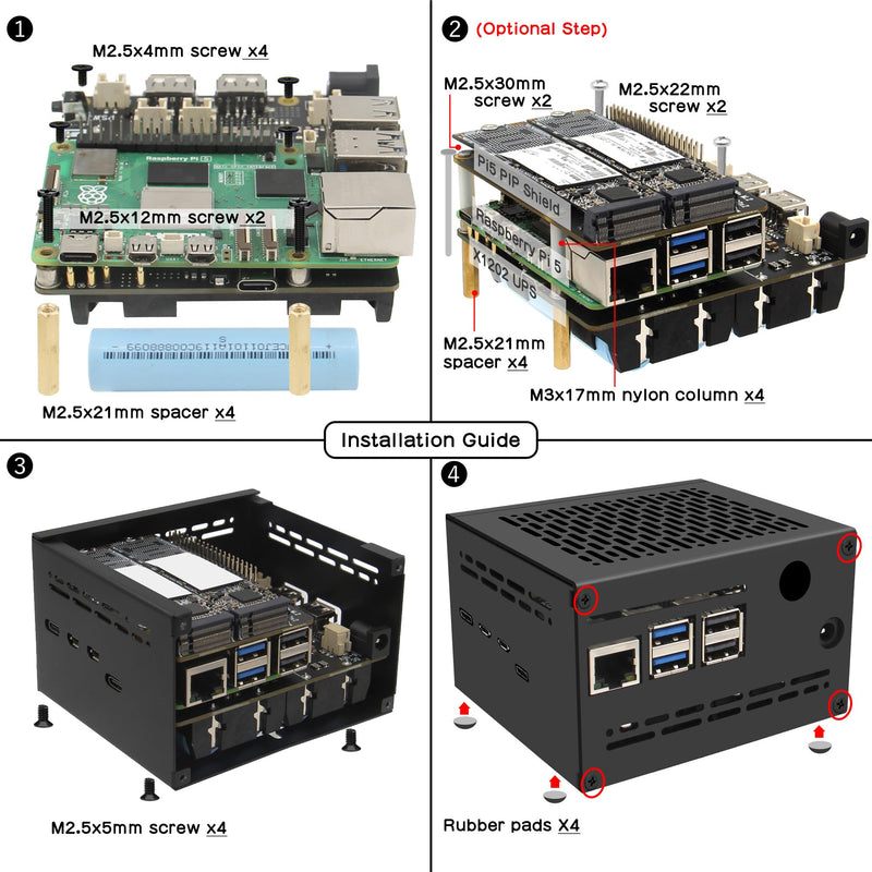 Geekworm X1202-C1 Metal Case for Raspberry Pi 5 & X1202 UPS & Active Cooler & X1000/X1001/X1003/X1004/M901 PCIe Top