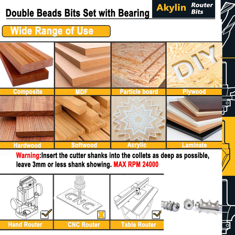 3Pcs Double Beading Router Bits 1/2" Shank,Cutting Height 3/4",7/8",1-3/8" Pair Beads,Dual Bead Columns for Furniture Molding,Perfect Edge Mould Cutter for Shelf with Ball Bearing Guided 3pcs-1/2"S