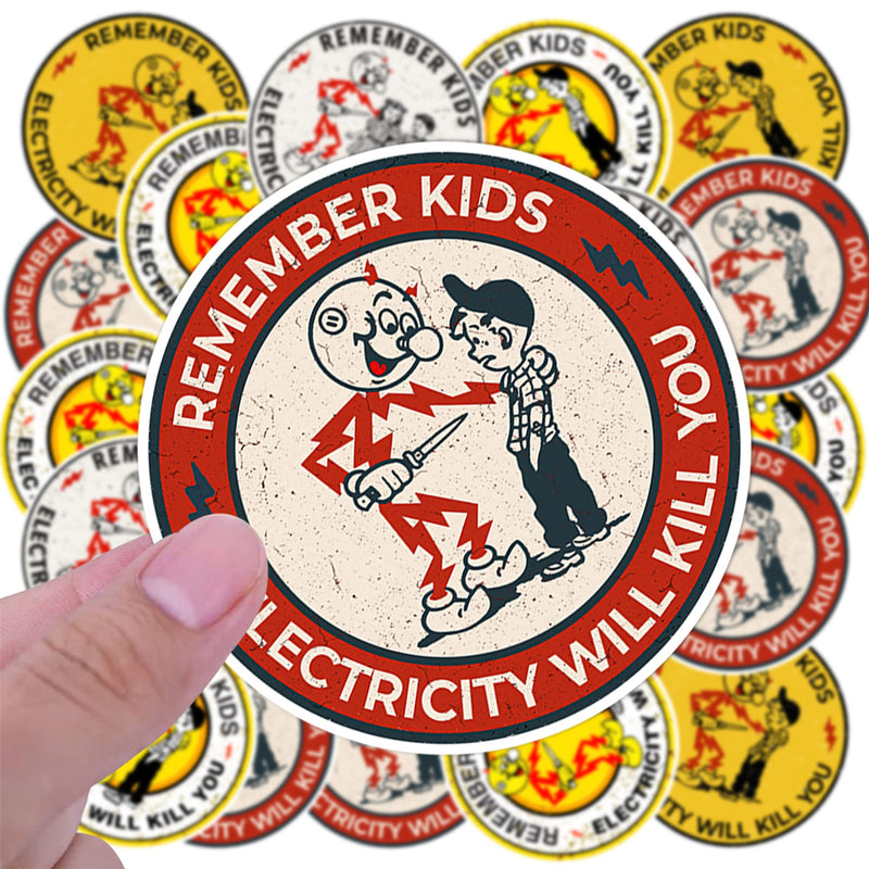 40 PCS Reddy Kilowatt Sticker - Remember Kids Electricity Will Kill You, Electrician Warning Caution Danger Electrical Safety, Funny Hard Hat Laptop Car Helmet