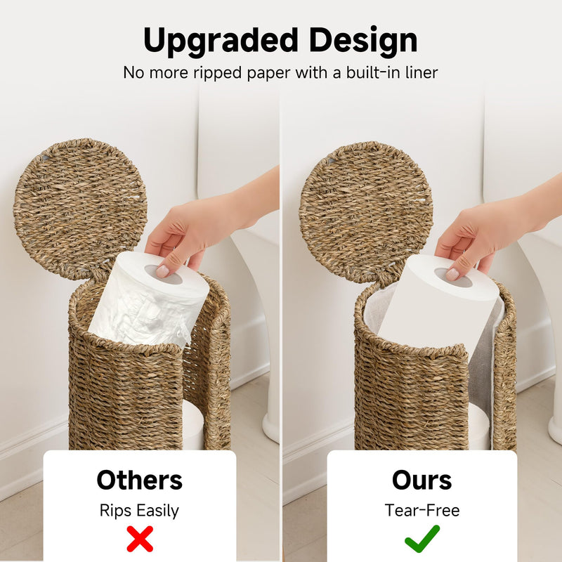 StorageWorks Seagrass Free Standing Toilet Paper Holder Stand for Bathroom, 3 Rolls of Toilet Tissue Storage with a Built-in Cloth Lining, Toilet Roll Holder Stand with Lid Natural（seagrass） 6¾"D(For 3 Roll)