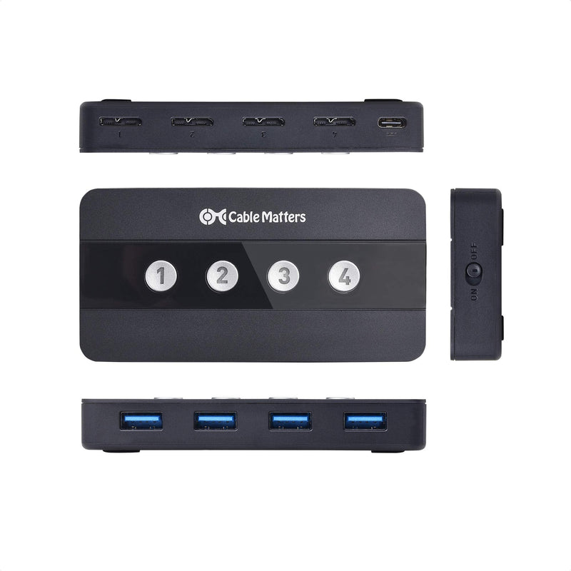 Cable Matters 4 Port USB 3.0 Switch USB Sharing Switch for 4 Computers and USBA Peripherals - Button or Wireless Remote Control Switching - Includes a USBC Adapter for USBC USB4 and Thunderbolt 4