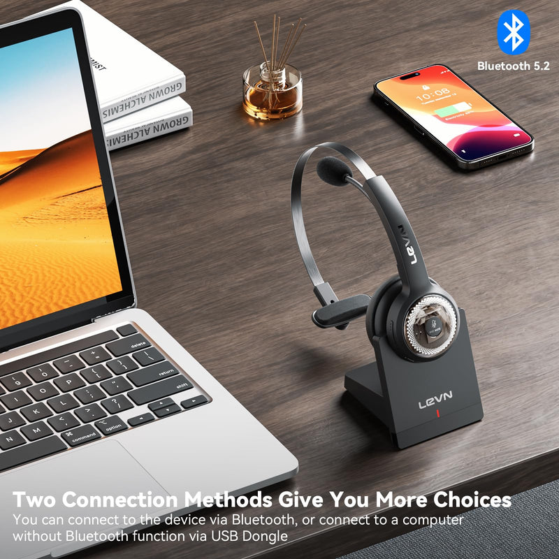 Wireless Headset with Mic for Work, AI Noise Cancelling Bluetooth Headset | Wireless Headset with Mute Button & USB Dongle, Charging Base, 50h Playtime, Suitable for Call Center/Computer/Laptop/Teams Black