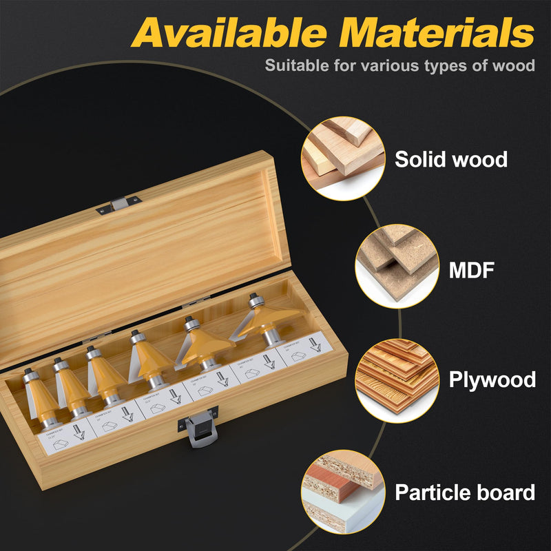6Pcs Chamfer Router Bits Set with Bearing, 1/2 Inch Shank | Carbide Tipped Woodworking Router Bits for Precision Edge Trimming, Cutting Degree: 11.25, 15, 22.5, 30, 45, 60 6 Pcs - 1/2" Shank