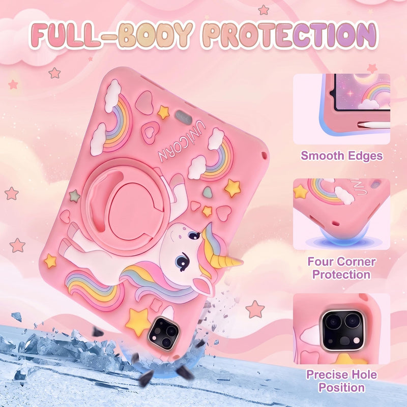 Cute 3D Cartoon Kids Case for iPad Air 11 Inch (M4/M3/M2), Air 5th/4th 10.9" & Pro 11" (1-4th Gen Only) Silicone Cover with Pencil Holder, 360 Stand, Strap, with Unicorn Pattern, Pink For iPad Air 11" M4/M3/M2/5/4 & Pro 11" 4/3/2/1
