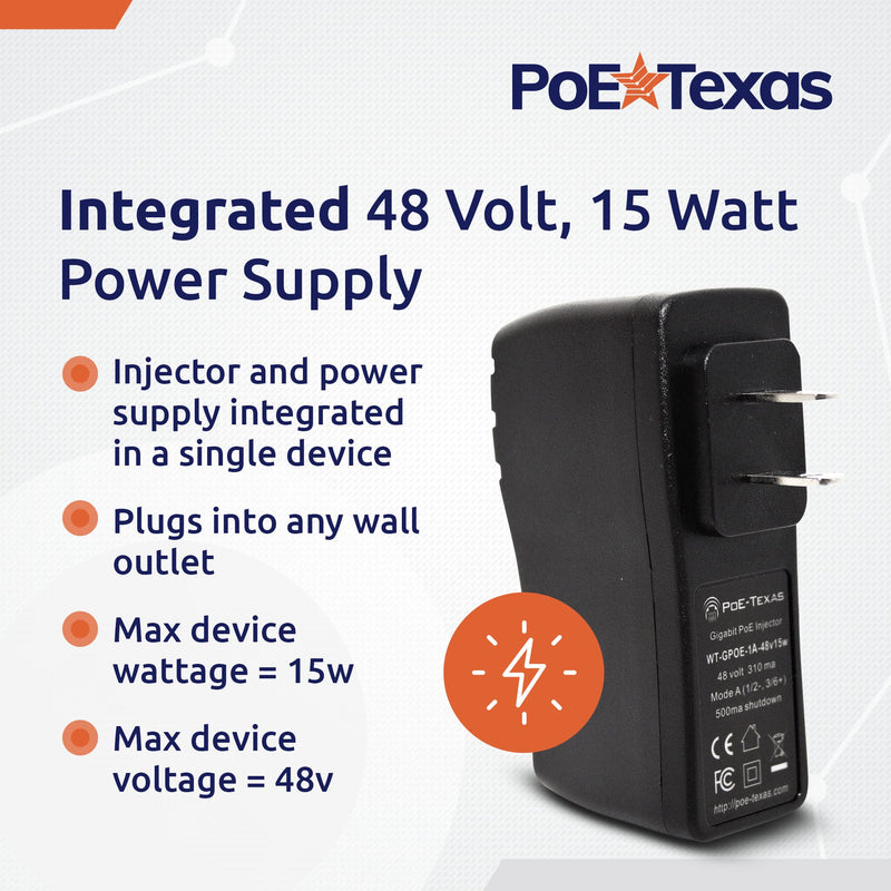 Poe Texas PoE Injector - Single Port Power Over Ethernet Passive PoE Adapter - UL Rated with Integrated 48V 15W Power Supply - 10/100/1000 Gigabit Data - Plug & Play Home Office VoIP Phone WiFi AP