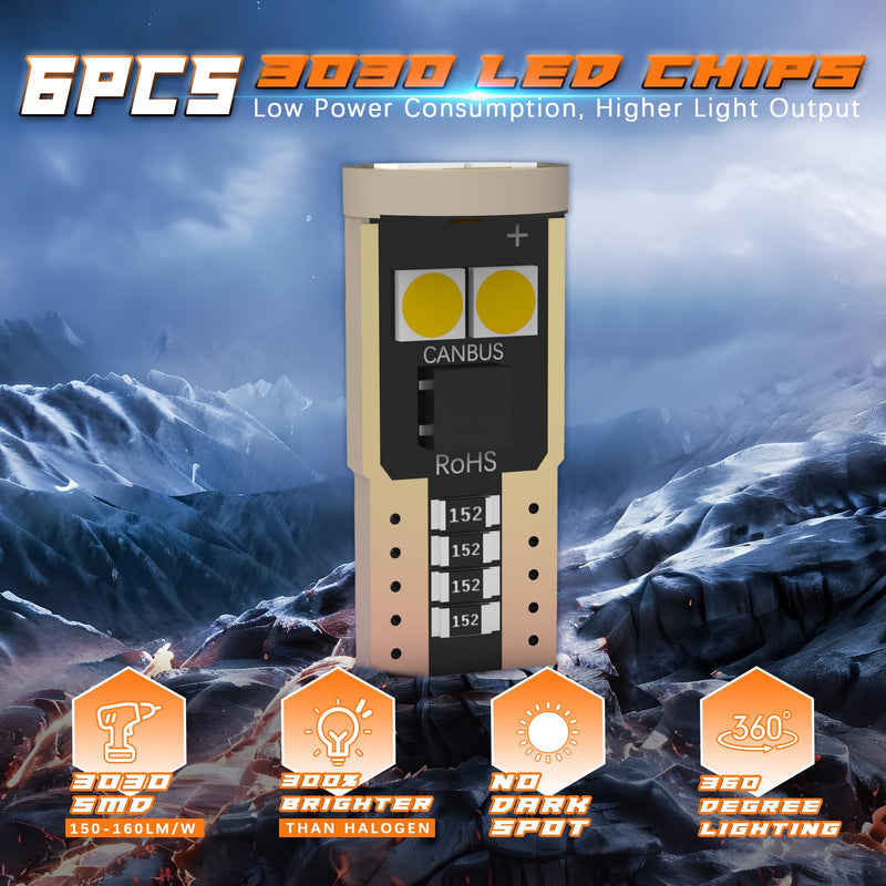 194 LED Bulbs for Cab Top Clearance Marker Lights, Non-Polarity Amber T10 168 W5W 6-3030-SMD Replacement Bulbs for License Plate Dome Map Turn Signal Light White