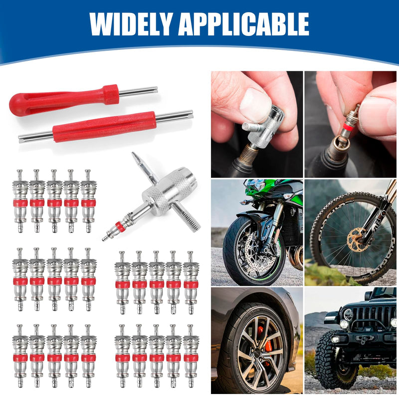30Pcs Tire Valve Stem Tools, with 3Pcs Tire Valve Stem Removal Tool & 27 Zn Alloy Cores, Multifunction 4in1 Dual Single Head Valve Core Remover Installer Adapters