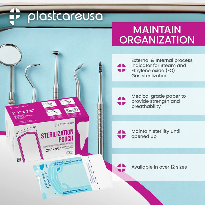 1000 2.25 x 2.75 Self Sealing Sterilization Pouches - Autoclave Sterilizer Bag Pouch for Sterilizing Dental Medical Instruments & Cleaning Tools - Latex-Free, Color Changing Indicator by PlastCare USA 1000