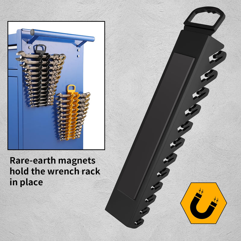Wrench Organizer for Tool Box, 2 Pack Magnetic Wrench Holders with Handle, Includes FREE 10mm Double-Ended Wrench, Storage for Tool Box Drawer, SAE & Metric Wrench Rack Wrench+Handle 2-Pack