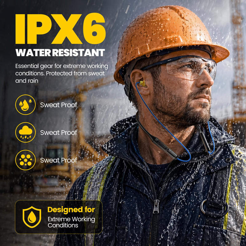 Next-Gen Bluetooth 6.0 Earplug Headphones for Work, 30dB Hearing Protection | 40H Playtime, OSHA-Compliant, Built-in USB-C Plug, IPX6 Waterproof, Neckband Noise Reduction Wireless Safety Earbuds with Mic Blue with Yellow