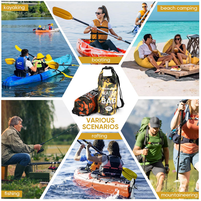 Waterproof Dry Bag 5L/10L/15L/20L/30L Roll Top Dry Storage Backpack with Phone Case, Collapsible Water Bottle, Sunglasses, Ear Band for Kayaking Boating Swimming Fishing Camping, Yellow 30L