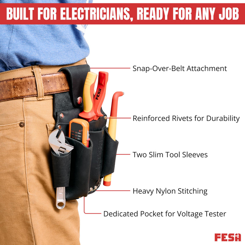 FESA Leather Electrician Tool Pouch - Pocket Caddy Clip On Tool Pouch with Voltage Test Meter Pocket & 5 Other Compartments - Easy On & Off - Fits Belts up to 3" Wide - Handcrafted Black