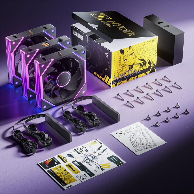 AsiaHorse Nyota Ultra 120mm PC Case Fan - Space-Inspired Design (Infinity Mirror + RGB Ring), 9 Blades 58.5 CFM, Modular Build, Ultra-Quiet Silicone Pads, PWM Control-Quiet Hydro Bearing 3 Pack-120mm Black-Reverse Blade