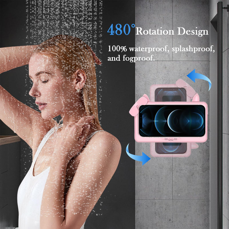 Shower Phone Holder Waterproof, Anti-Fog Touch Screen Shower Phone Case, 480 Rotation Wall Phone Mount Stand for Bathroom Batheub Kitchen Wall Mirror, Compatible with 4.7"-6.8" Phones (Pink) Pink