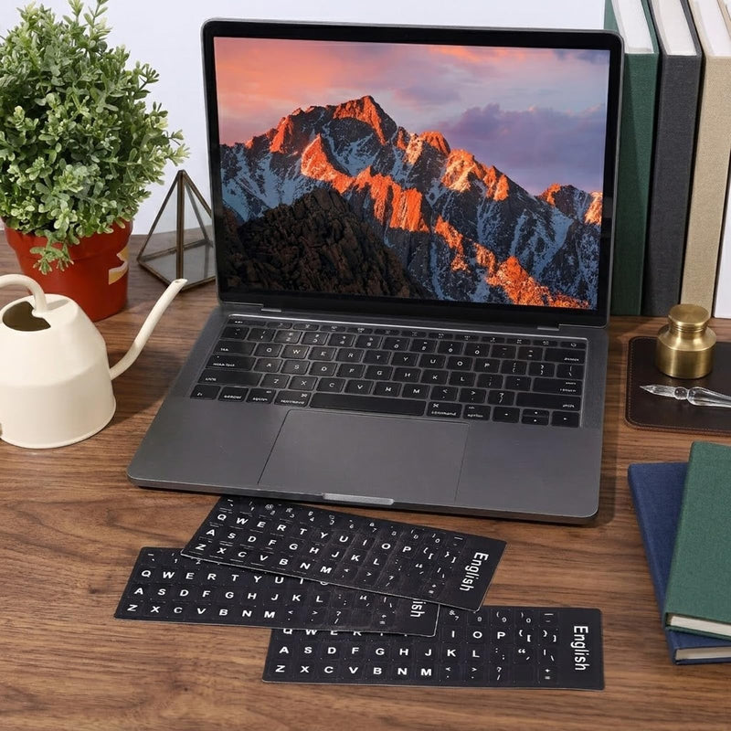 Universal Keyboard Letter Stickers, 4 Pcs English Laptop Keyboard Stickers | Replacement Keyboard Stickers for Keys with Black Background and White Lettering for Laptops Desktop Computers