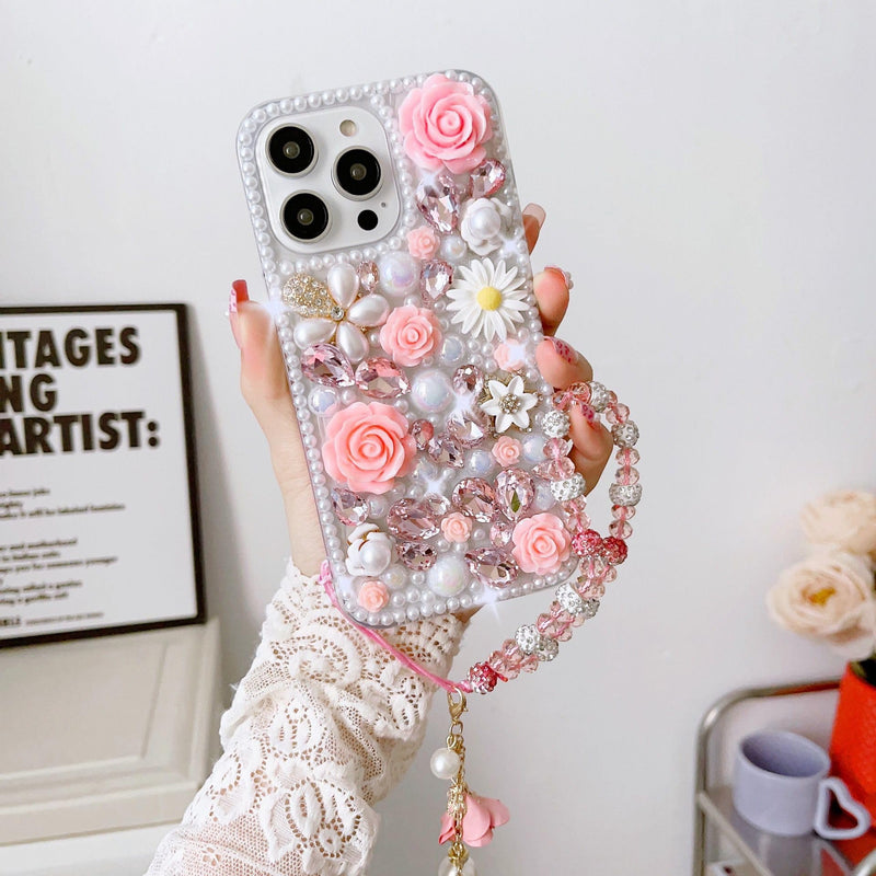 Bling Diamond Case for Samsung Galaxy A37 5G with Pearl Bracelet Strap Cover,Pink 3D Sparkly Shiny Crystal Rhinestones Flower Girly Shockproof Phone Case with Lanyard Pink