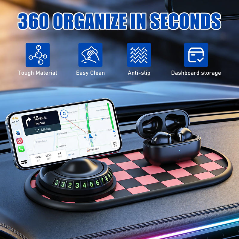 Mobile Phone Bracket Anti-Slip Mat,Multifunction Car Dashboard Mat with Temporary Parking Number,Universal Fit Anti-Slip Mat,360° Rotating Adjustable Phone Holder (Black & Gray) Black & Gray