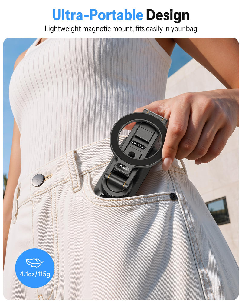 OMOTON Magnetic Phone Mount for Tripod Camera with Arca Base Cold Shoe 1/4" | Aluminum 360° Adjustable, Detachable Base with Magnet for Steel Surface for Gym Golf Cart Video Recording, for iPhone Android