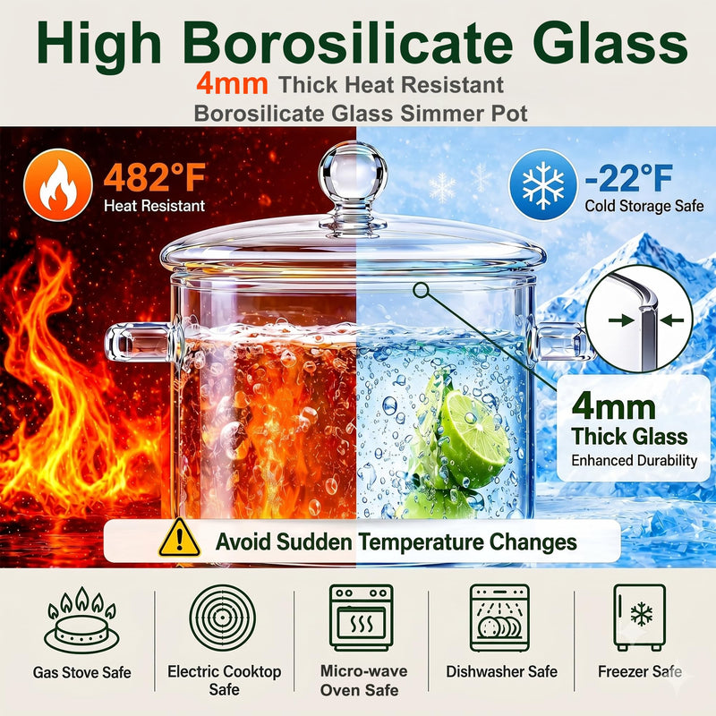 67 oz Glass Simmer Pot with Lid - Stovetop Safe Cookware for Cooking | 1900ml, Heat-Resistant Borosilicate Glass, Stovetop Safe for Cooking, For Potpourri, Soup, Pasta, Baby Food, Dual Handles