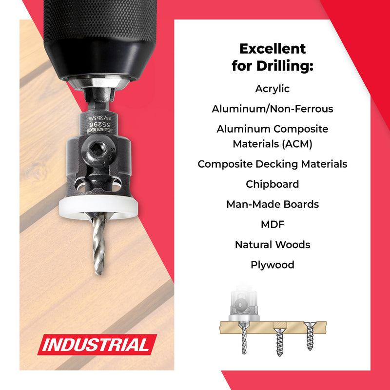 Amana Tool 82 Degree Countersink with Adjustable Low Friction Drill Bit Depth Stop, 55296, 3/8 D x 5/32 Drill D x 1/4 Inch Quick Release Hex Shank