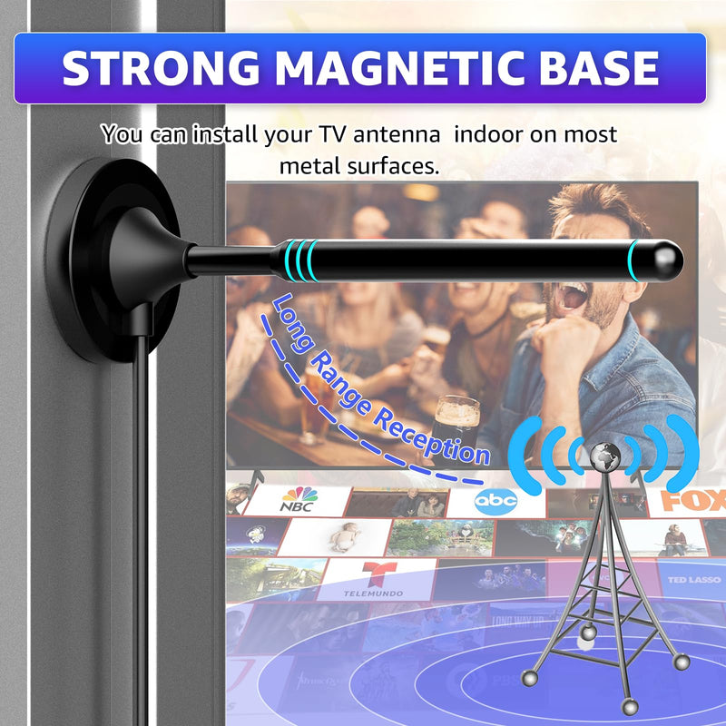 TV Antenna Indoor with Magnetic Base and Signal Amplifier, TV Antenna for Smart TV Indoor, Digital TV Antenna Compatible with All TVs, Supports 4K 1080P HD, 5m Coaxial Cable