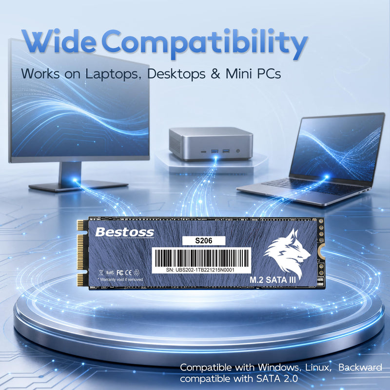 Bestoss M.2 SATA III 6Gb/s NGFF 128GB SSD 3D NAND Solid State Drive | M2 2280, Dynamic SLC Cache, Read Speed up to 550MB/s, Compatible with Laptop and PC Desktop S206