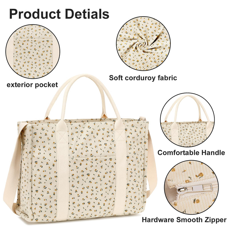 Laptop Tote Bag for Women Work 15.6 inch Canvas Shoulder Bags Computer Messenger Purse Teacher Handbag Office Briefcase Beige-flower 92（corduroy）