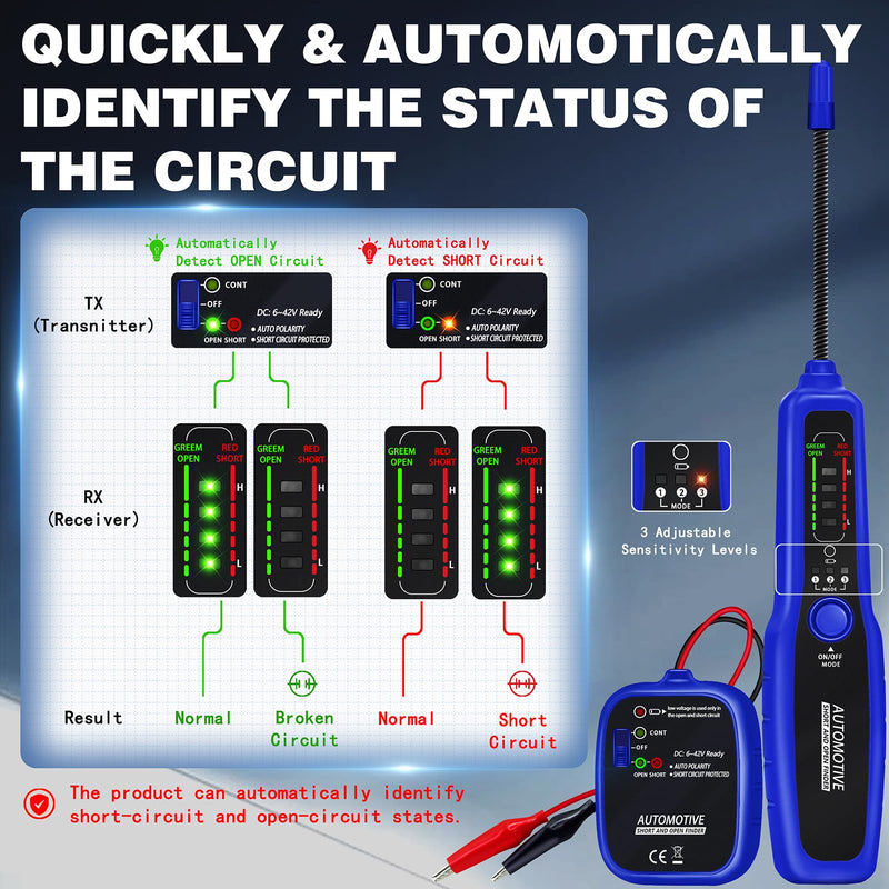 Automotive Wire Tracer Electrical Open & Short Finder Circuit Tester Wire Breaker Finder Fault Probe Kit Cable Toner Wire Tracker Continuity Test for DC 6-42V