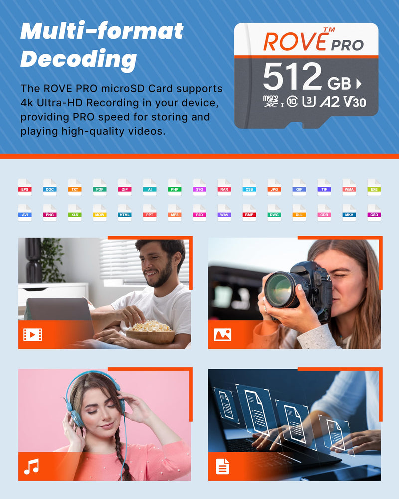 ROVE PRO Micro SD Card microSDXC 512GB Memory Card with Full-Size SD Adapter 100MB/s Read Speed, C10, U3, V30, 4K, A2 for Dash Cam, Android Smart Phones, Tablets, Games