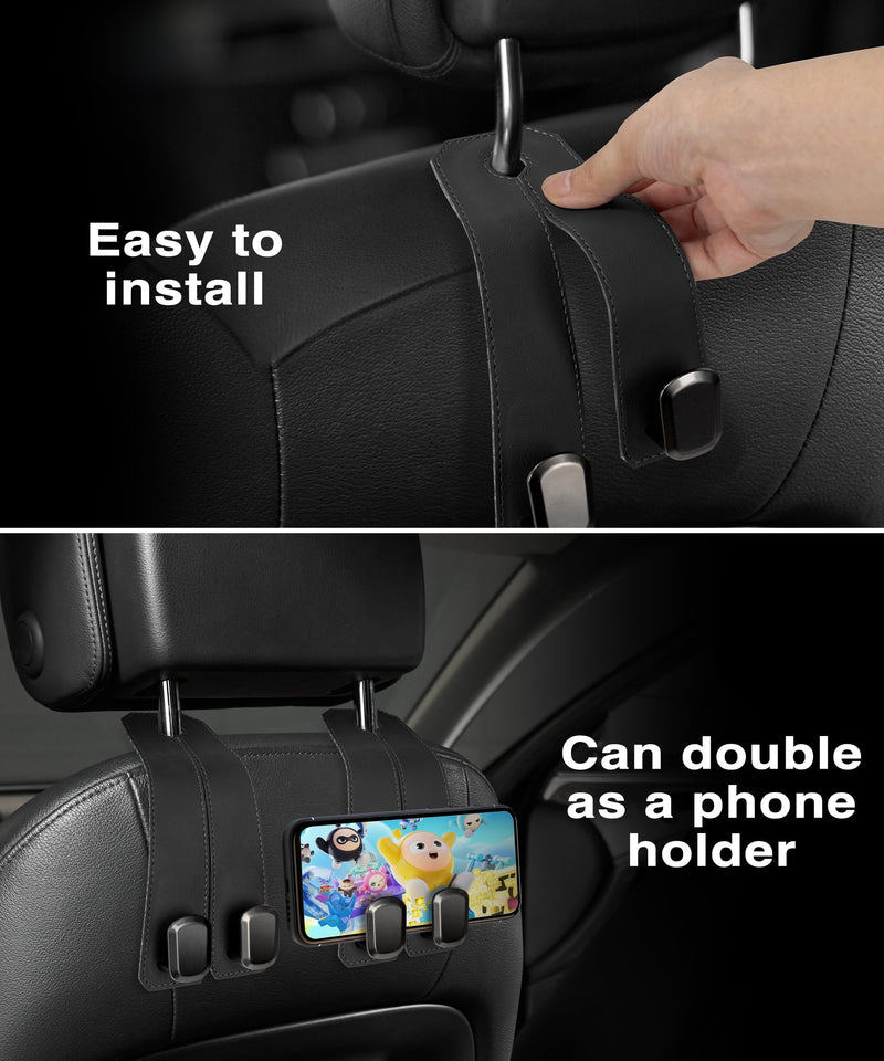 Car Hooks for Headrest, 2PCS Car Purse Hooks Luxurious leather 100% Metal Car Hangers for Seat Multifunctional Car Bag Hook Car Seat Back Storage Hook Accessories (Black) BLACK 2Pack