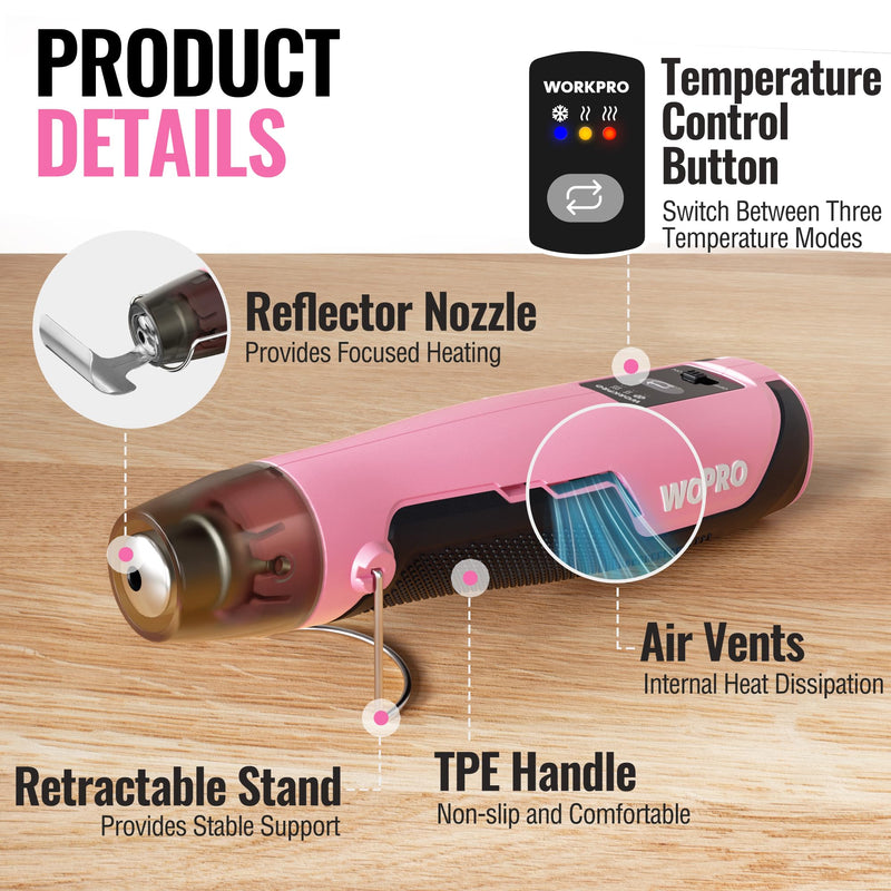 WORKPRO 7.2V Cordless Mini Heat Gun for DIY Crafts, 4000mAh Hot Air Gun, 1.5s Fast Heating, 3 Temp Settings (Cool/572°F/842°F), USB-C Rechargeable, Perfect for Crafts & Decorations - Pink Ribbon