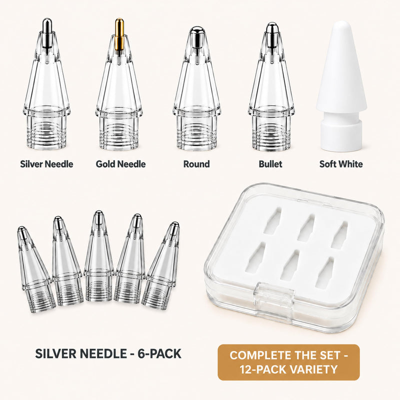 NXVX Replacement Tips for Apple Pencil, Bullet Tip, 6-Pack, Grey | Smooth-glide pointed nib for glass and screen protectors, durable metal, fits all generations, see-through storage case M11 6-Pack Bullet Tip Engineered Grey