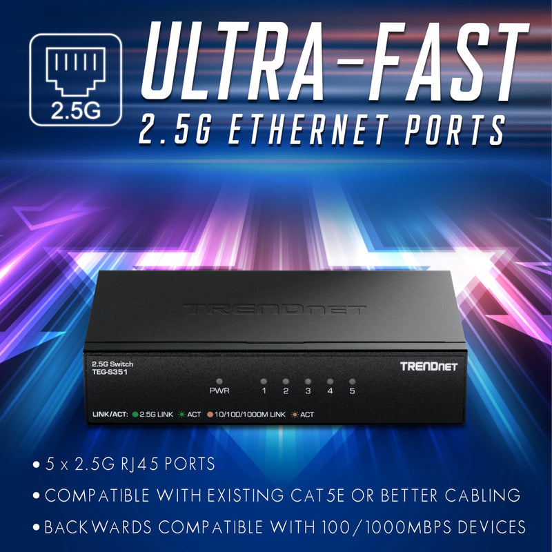 TRENDnet 5-Port 2.5Gb Switch, TEG-S351, 5 x 2.5G RJ45 Ports, 25Gbps Switching Capacity, NDAA + TAA Compliant, Ethernet Splitter, for Game Console, NAS, PC, Lifetime Protection 5 Port 2.5G