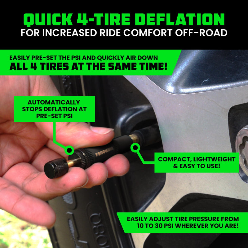 Rhino USA Adjustable Tire Deflator Kit (10-30 PSI) Ultimate Screw-on Automatic Tire Deflators for Offroad - Quick & Easy Air Down System for The Trails - Best Jeep Off Road Accessories (4-Pack) -Black Black