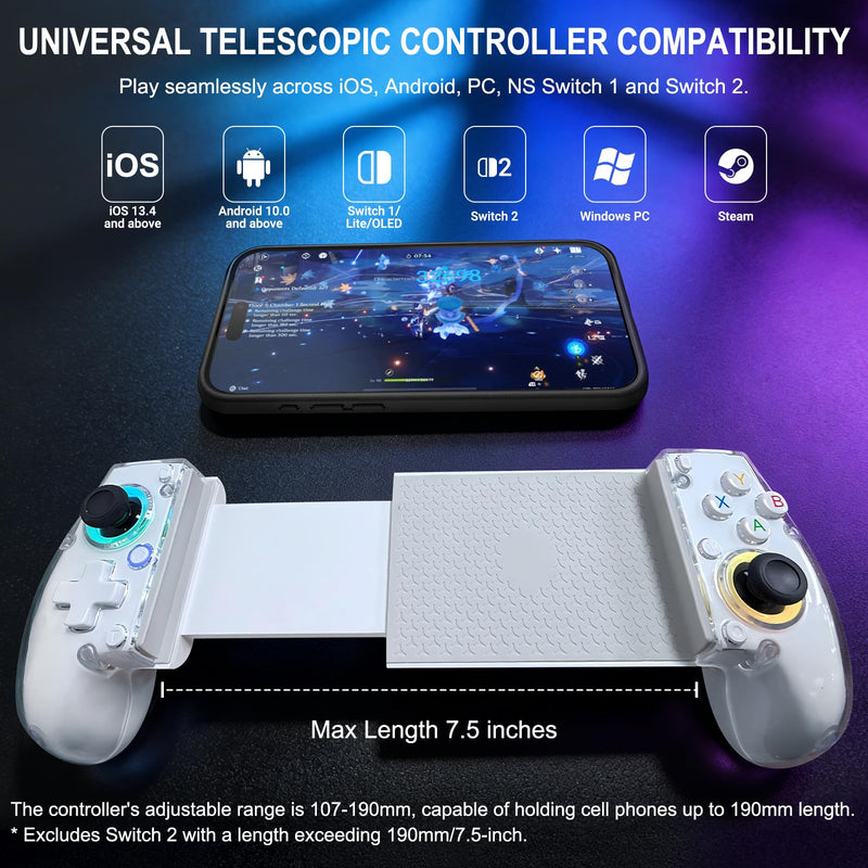 Joso Phone Controller for iPhone (All Model) & Android, Enhanced Grip, Case-Friendly Wireless Mobile Gaming Controller with 7 Color Lights, Turbo, 6-Axis, Dual Vibration