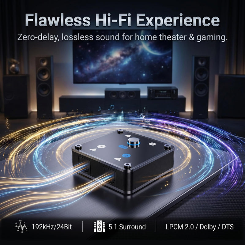 2 in 1 Out Optical Audio Switcher with Auto-Switching, Toslink 2x1 | Ideal for home theaters & gaming. Connect PS5 & TV to Soundbar. 0.3s auto-switching with no remote needed. Supports Dolby