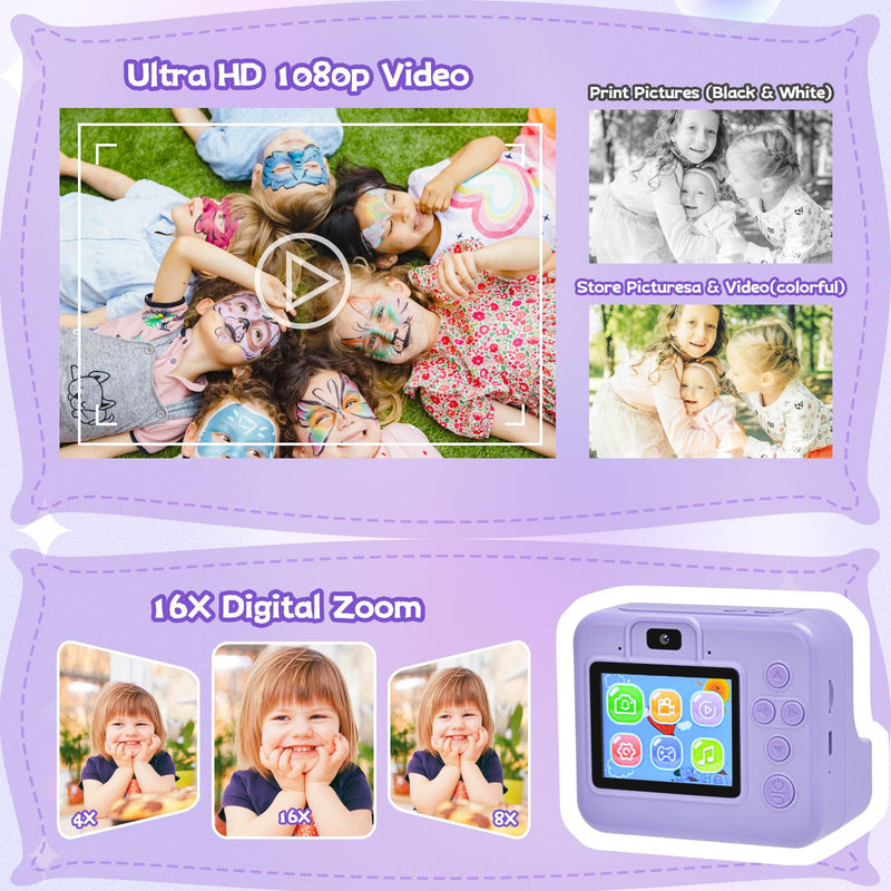 Kids Camera Instant Print, Dual Cameras Photo 1080 HD 2.4 Inch Screen Toddler Print Camera with 3 Prints Paper & 32 G,Christmas Birthday Gifts for Girls Boy 3 4 5 6 7 8 9 1s0 11 12 Year Old Purple