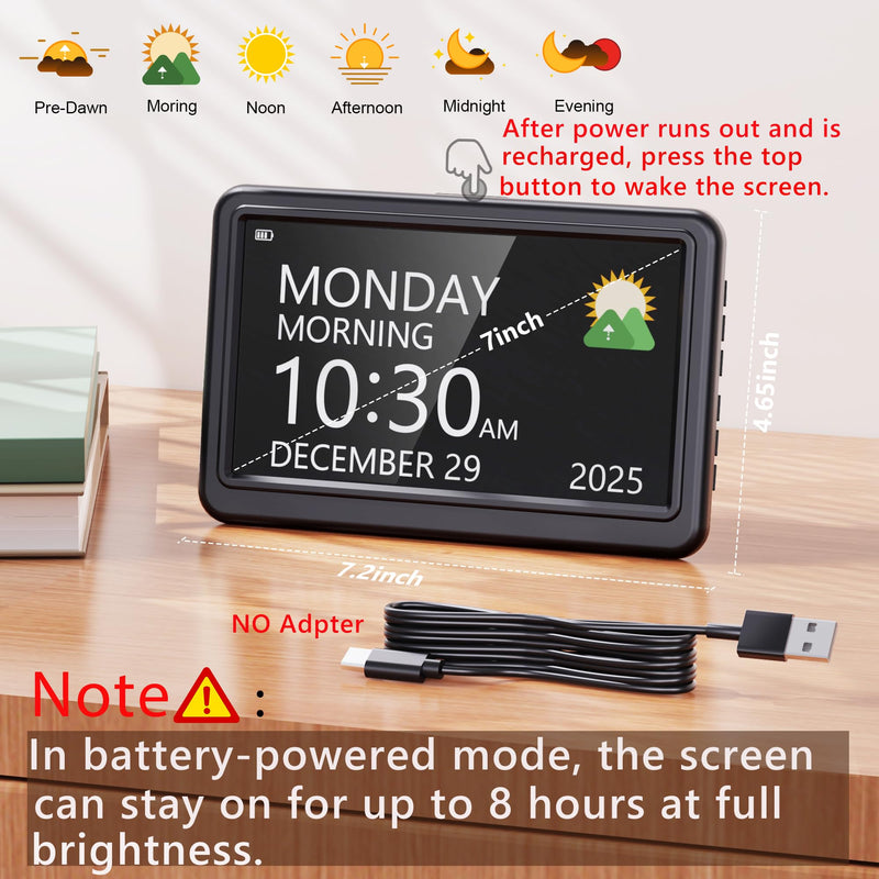 Rechargeable Digital Calendar Alarm Clocks for Senior, 7" Clock with Day and Date for Elderly, 20 Reminders & Alarms, Auto Dimmer/DST, 12 Themes, 18 Ringtones for Dementia Memory Loss, 1024*600 HD Black
