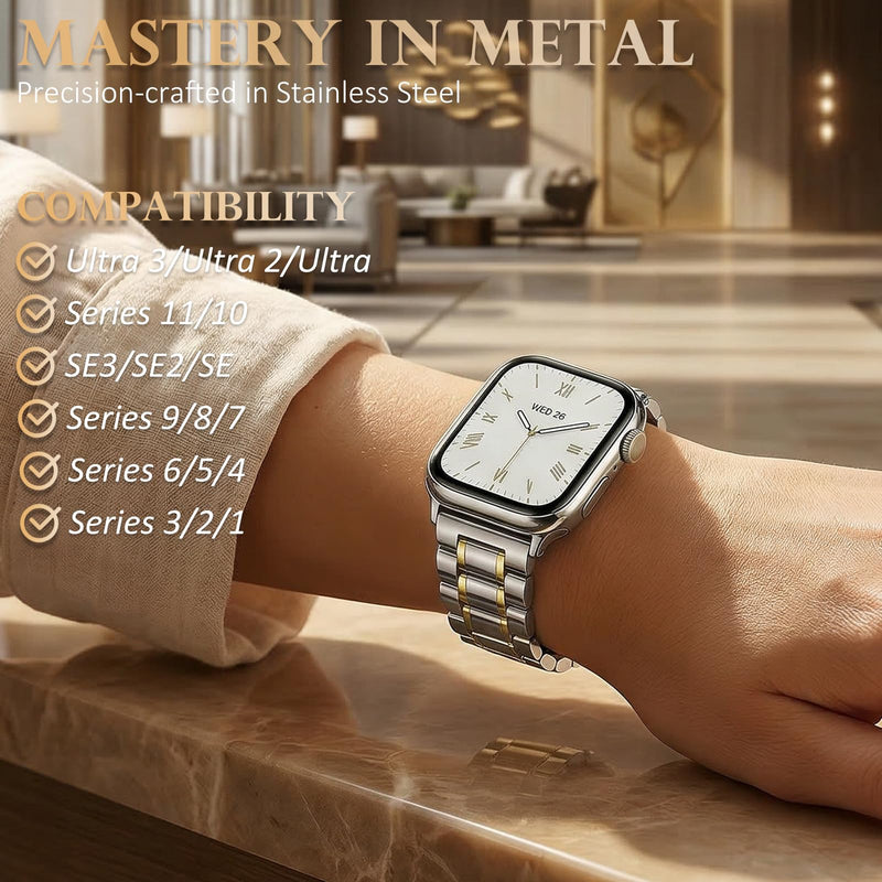 Metal Band Compatible with Apple Watch Ultra Band 49mm 46mm 45mm 44mm 42mm, Stainless Steel Link Bracelet with Butterfly Clasp for Apple Watch Ultra 3 2 1 Series 11 10 9 8 7 SE, Gold silvery+gold 40/41/42mm